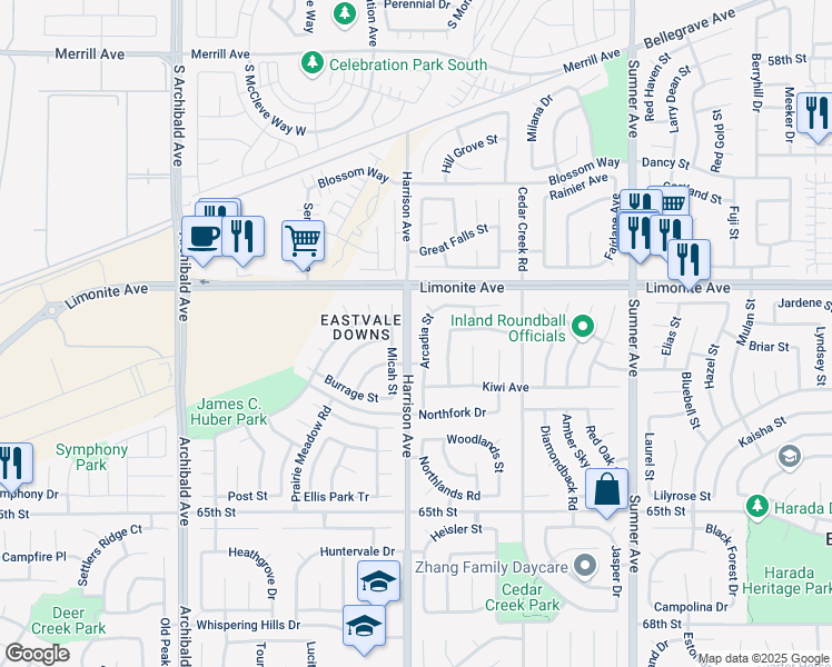 map of restaurants, bars, coffee shops, grocery stores, and more near 6346 Arcadia Street in Corona