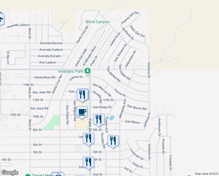 map of restaurants, bars, coffee shops, grocery stores, and more near 66621 Yucca Drive in Desert Hot Springs