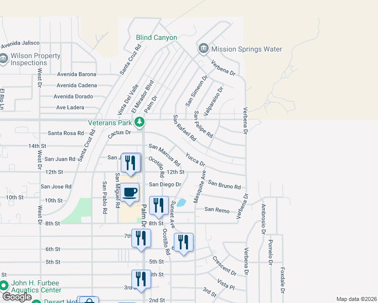 map of restaurants, bars, coffee shops, grocery stores, and more near 66704 Yucca Drive in Desert Hot Springs