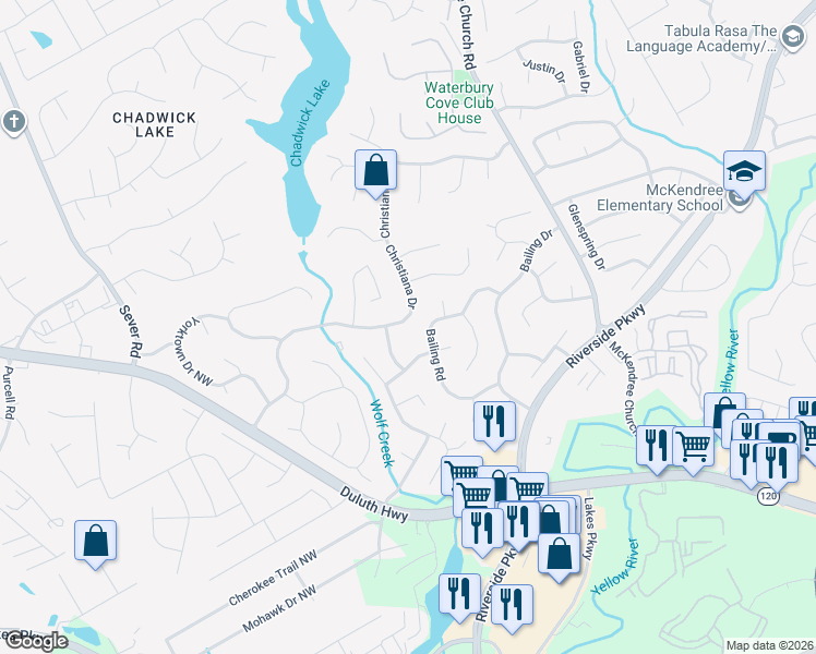 map of restaurants, bars, coffee shops, grocery stores, and more near 1559 Christiana Drive in Lawrenceville