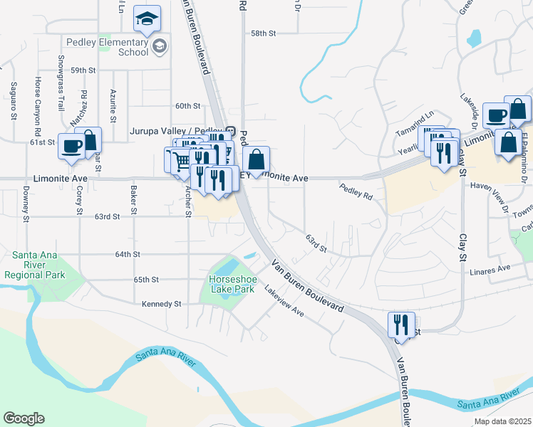 map of restaurants, bars, coffee shops, grocery stores, and more near 6301 Morton Avenue in Riverside