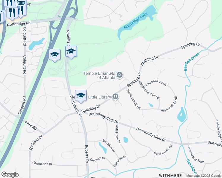 map of restaurants, bars, coffee shops, grocery stores, and more near 1570 Spalding Drive in Atlanta