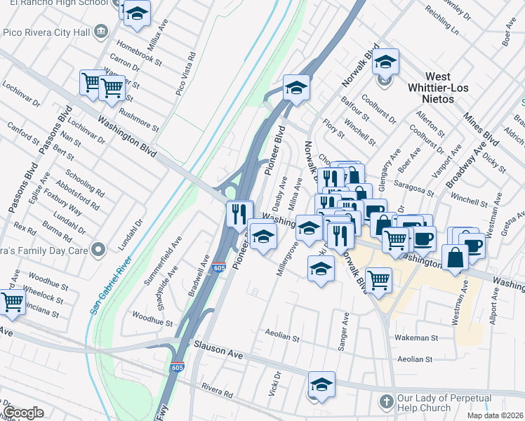 map of restaurants, bars, coffee shops, grocery stores, and more near 7840 Pioneer Boulevard in Whittier