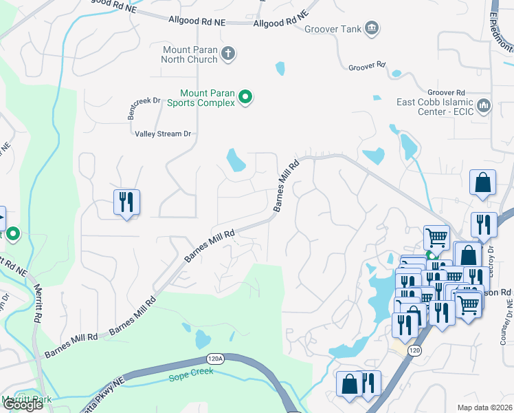 map of restaurants, bars, coffee shops, grocery stores, and more near 1695 Paddlewheel Drive Northeast in Marietta