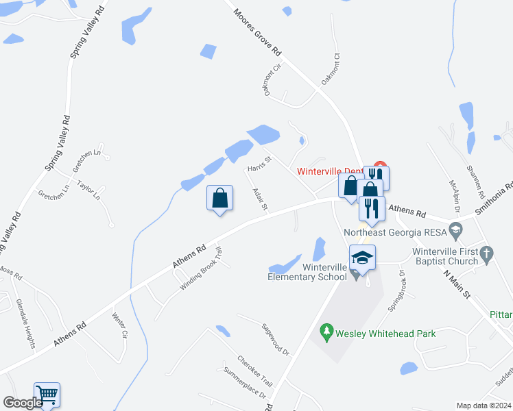 map of restaurants, bars, coffee shops, grocery stores, and more near 103 Adair Street in Winterville