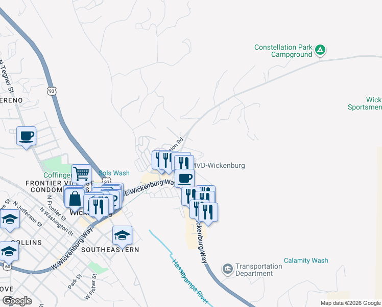 map of restaurants, bars, coffee shops, grocery stores, and more near 585 El Recreo Court in Wickenburg