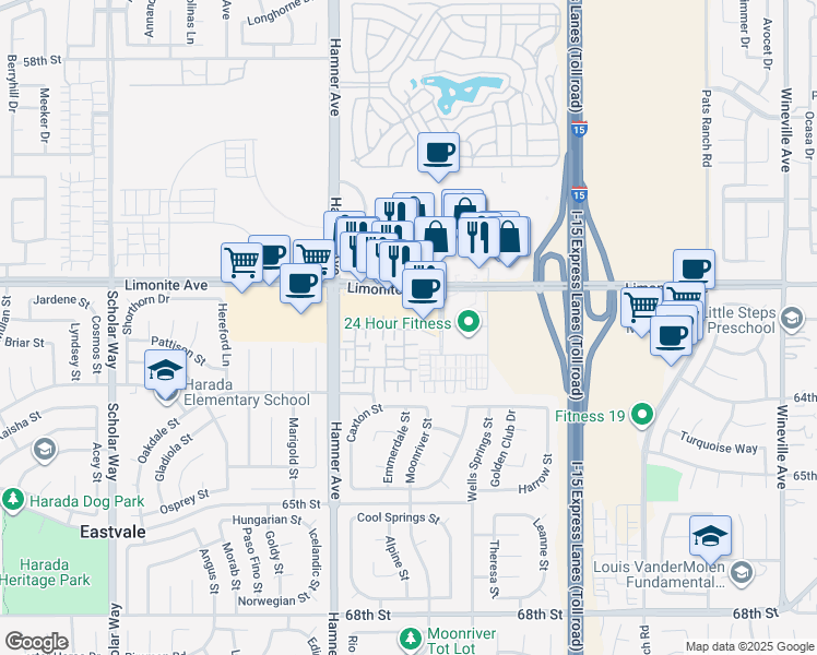 map of restaurants, bars, coffee shops, grocery stores, and more near 12470 Travanca Lane in Eastvale