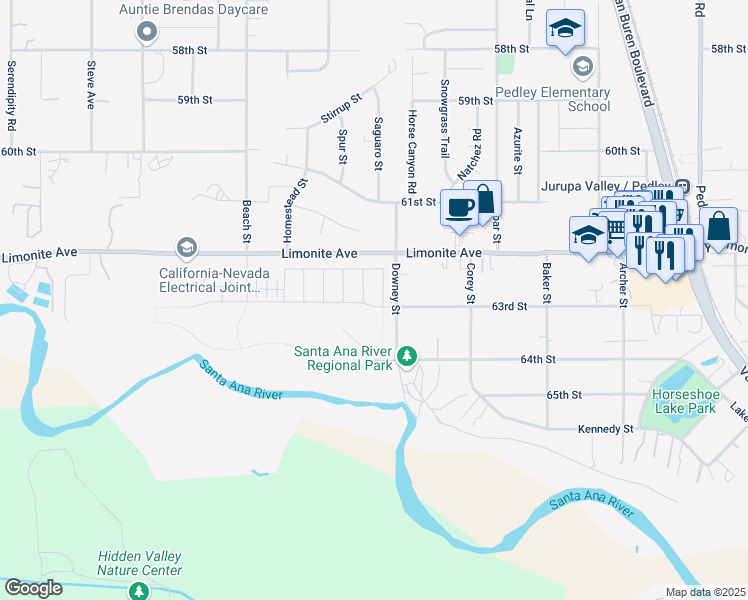map of restaurants, bars, coffee shops, grocery stores, and more near 9439 Rancho Jurupa Drive in Jurupa Valley
