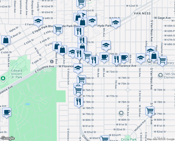 map of restaurants, bars, coffee shops, grocery stores, and more near 3223 West 73rd Street in Los Angeles