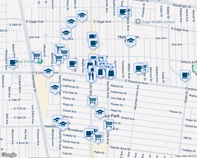 map of restaurants, bars, coffee shops, grocery stores, and more near 2635 Walnut Street in Huntington Park