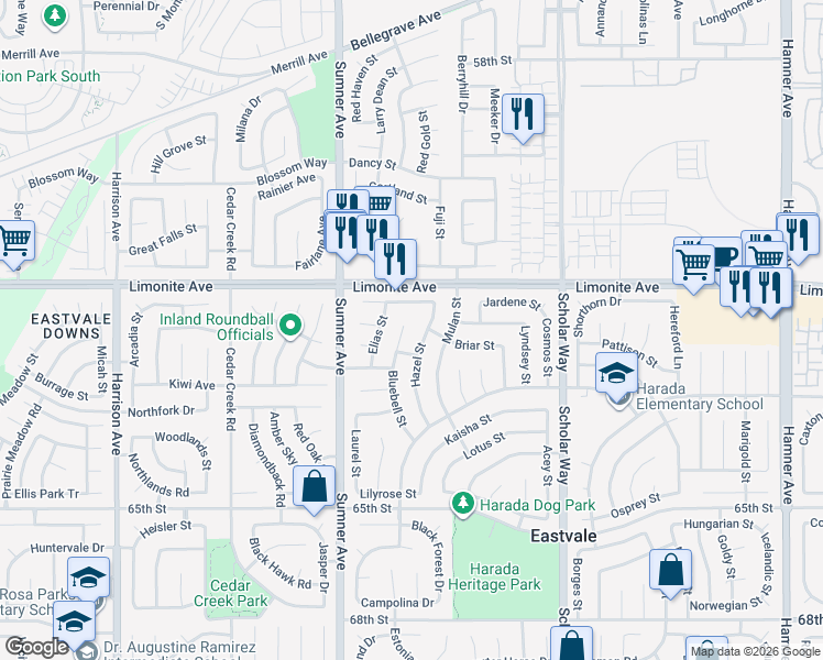 map of restaurants, bars, coffee shops, grocery stores, and more near 6278 Bluebell Street in Corona