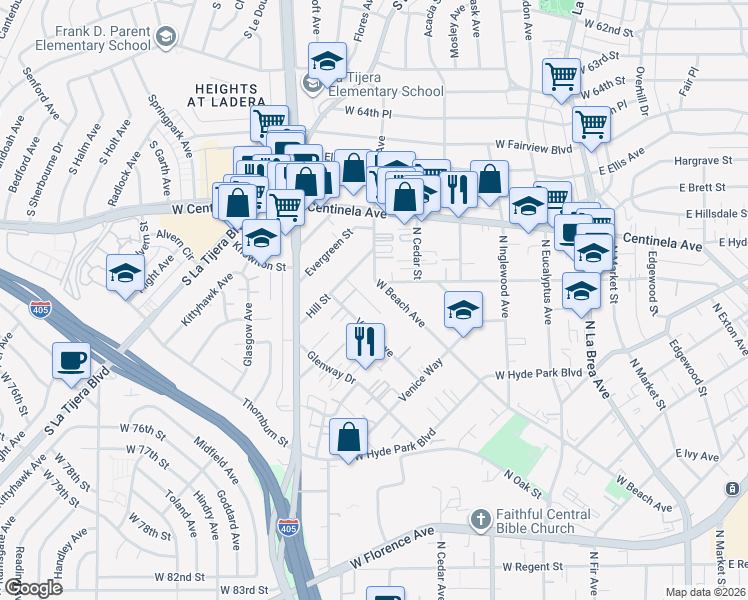 map of restaurants, bars, coffee shops, grocery stores, and more near 885 Kincaid Avenue in Inglewood