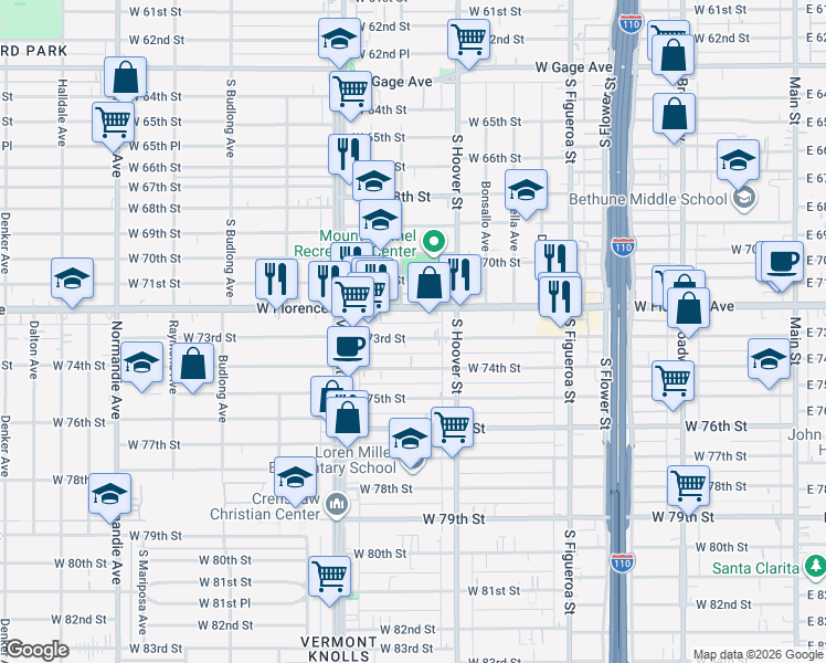 map of restaurants, bars, coffee shops, grocery stores, and more near 849 West 73rd Street in Los Angeles