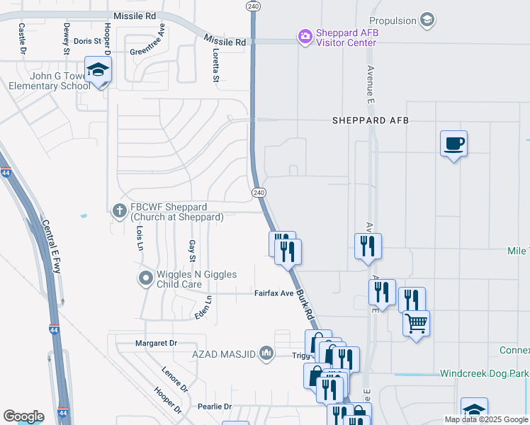 map of restaurants, bars, coffee shops, grocery stores, and more near 1501 Puckett Road in Sheppard Air Force Base