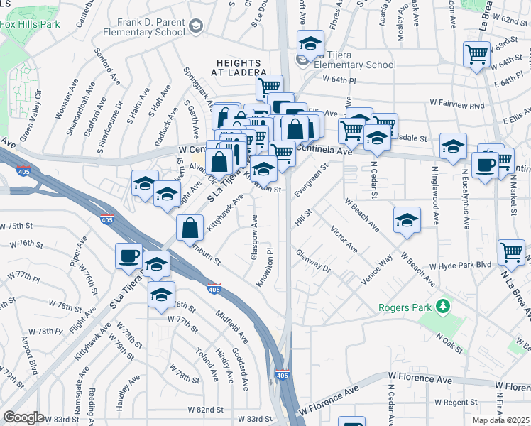 map of restaurants, bars, coffee shops, grocery stores, and more near 6937 Knowlton Place in Los Angeles
