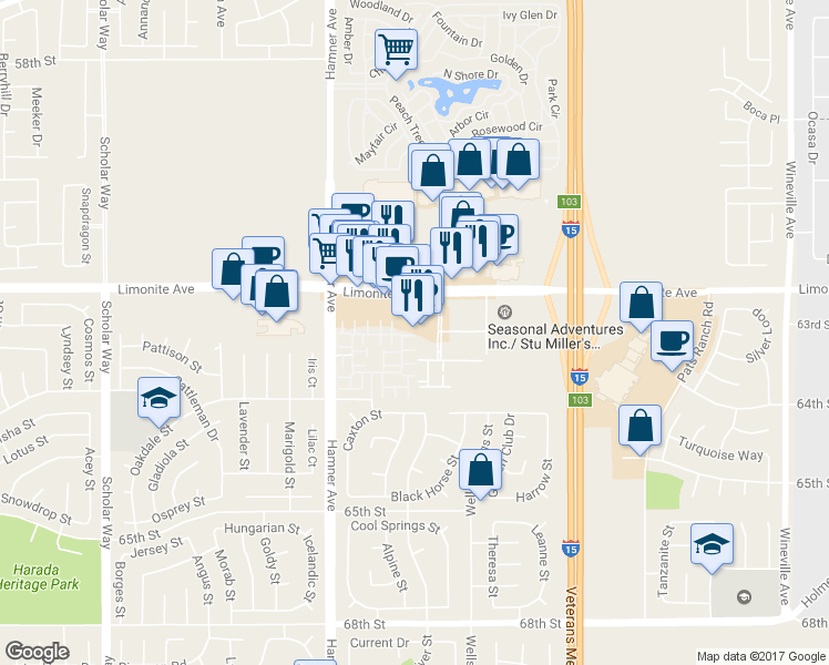 map of restaurants, bars, coffee shops, grocery stores, and more near 12450 Travanca Lane in Eastvale