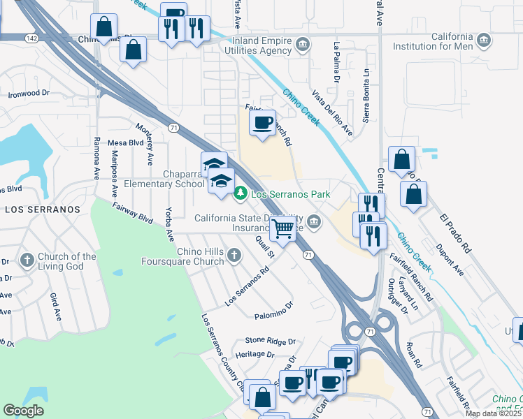 map of restaurants, bars, coffee shops, grocery stores, and more near 15447 Pomona Rincon Road in Chino Hills