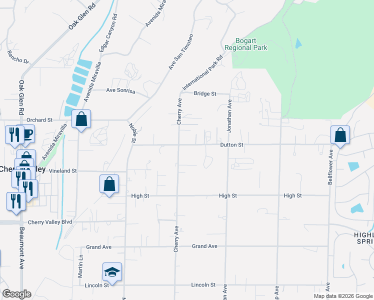 map of restaurants, bars, coffee shops, grocery stores, and more near 40041 Dutton Street in Cherry Valley