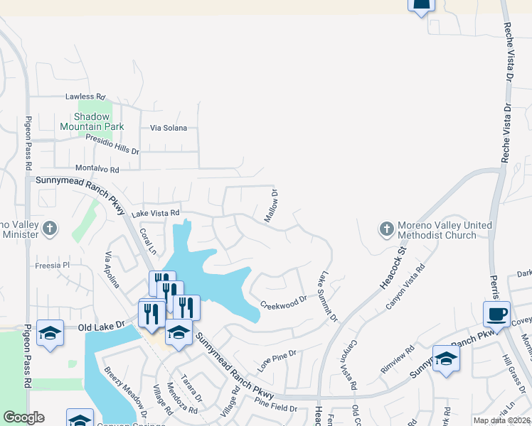 map of restaurants, bars, coffee shops, grocery stores, and more near 10109 Mallow Drive in Moreno Valley