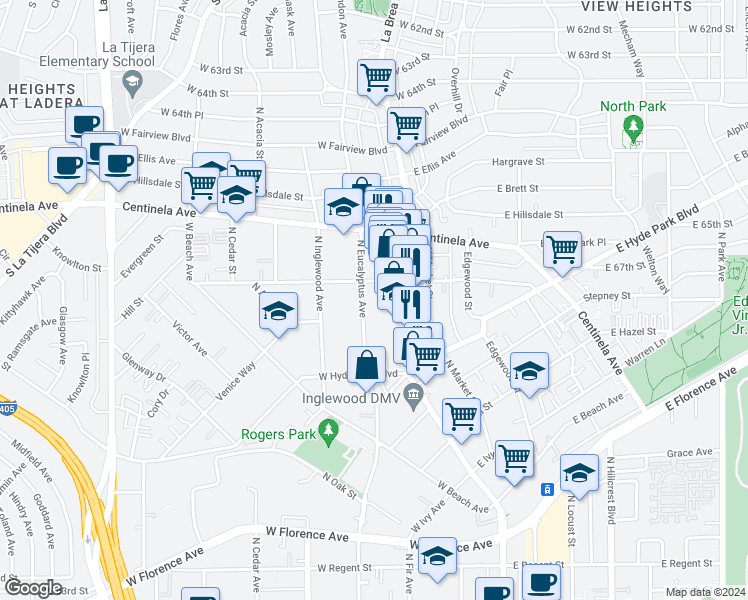 map of restaurants, bars, coffee shops, grocery stores, and more near 820 North Eucalyptus Avenue in Inglewood