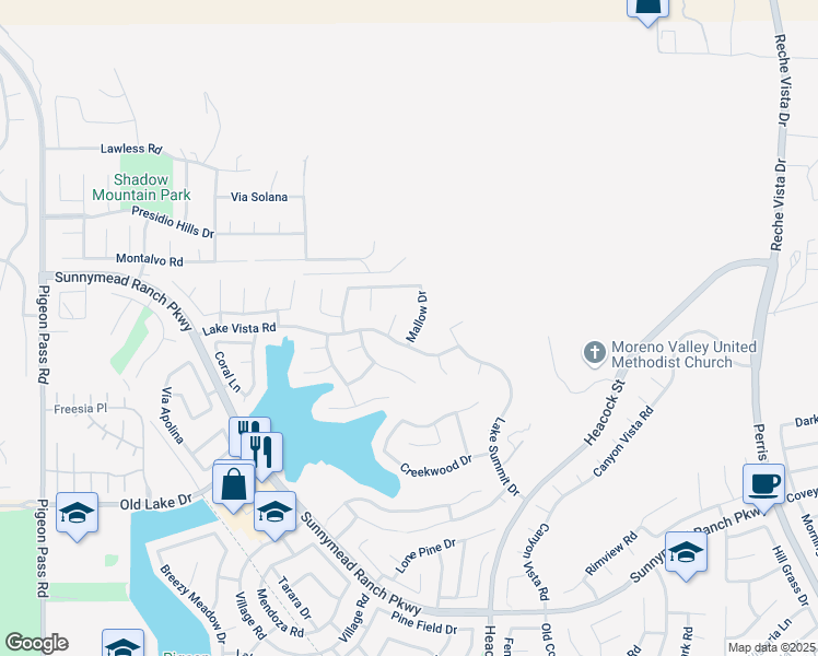 map of restaurants, bars, coffee shops, grocery stores, and more near 10109 Mallow Drive in Moreno Valley