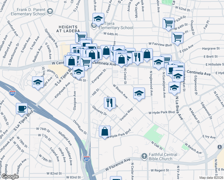 map of restaurants, bars, coffee shops, grocery stores, and more near 885 Kincaid Avenue in Inglewood