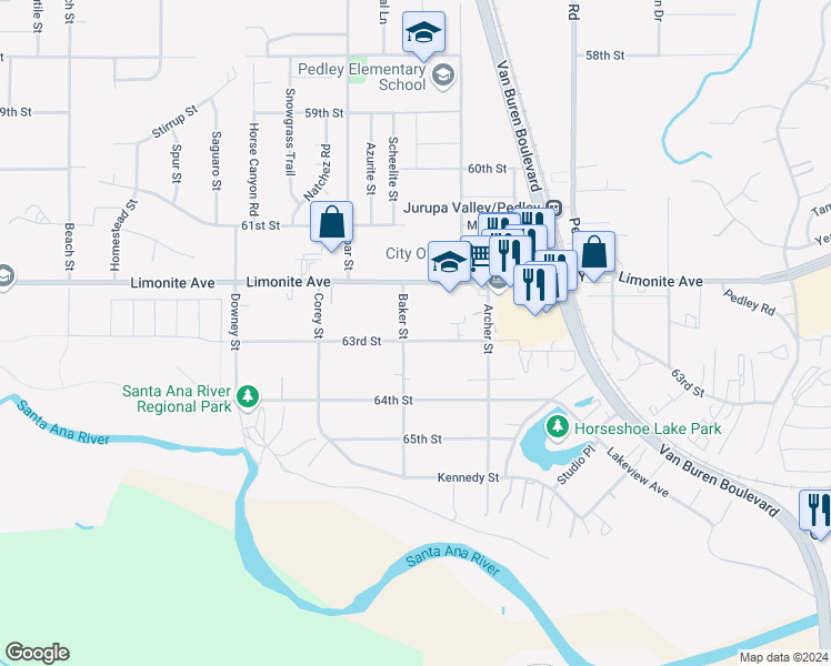 map of restaurants, bars, coffee shops, grocery stores, and more near 9085 63rd Street in Riverside