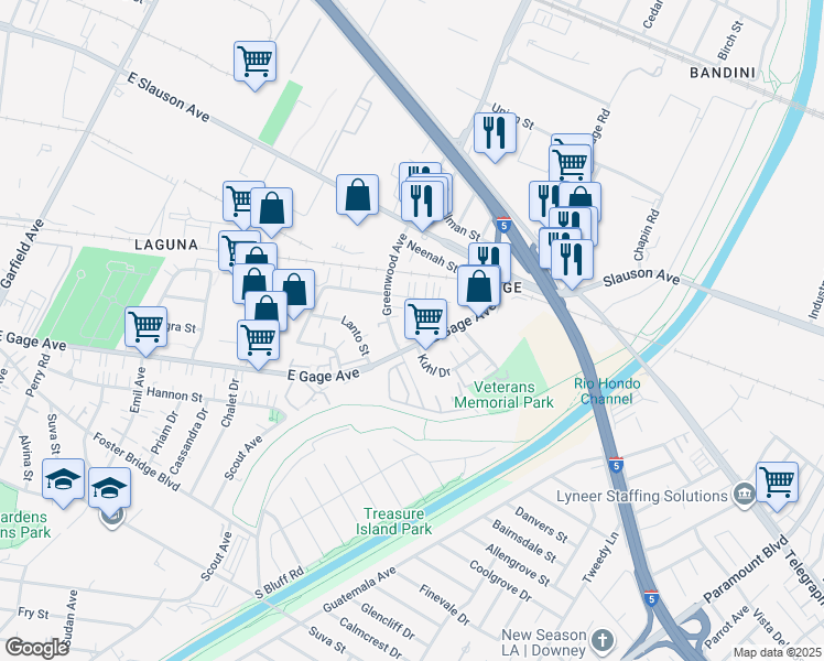 map of restaurants, bars, coffee shops, grocery stores, and more near 7086 East Gage Avenue in Commerce