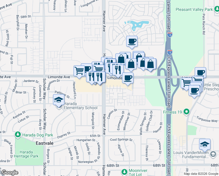 map of restaurants, bars, coffee shops, grocery stores, and more near 6273 Camposa Lane in Eastvale