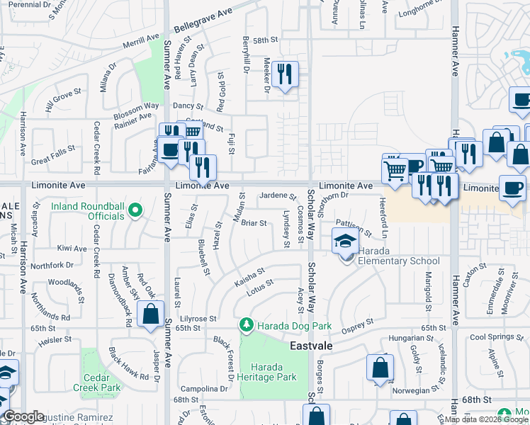 map of restaurants, bars, coffee shops, grocery stores, and more near 13133 Lavonda Street in Corona