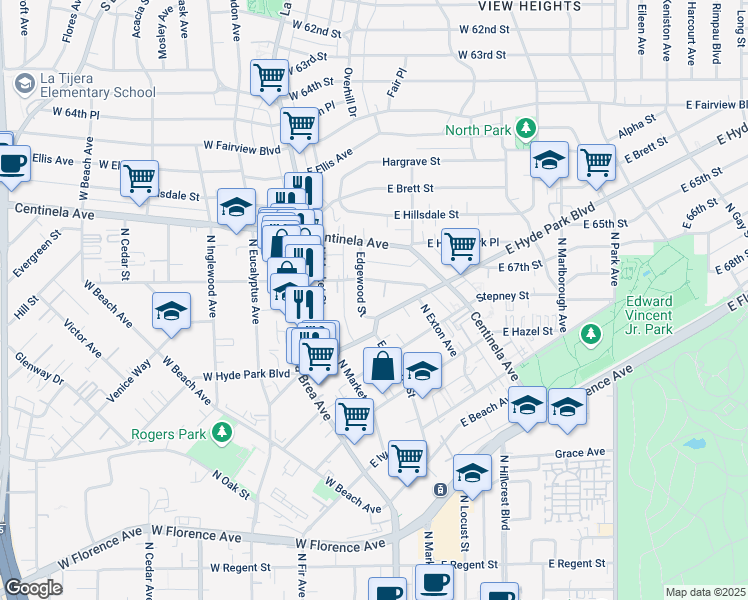 map of restaurants, bars, coffee shops, grocery stores, and more near 810 Edgewood Street in Inglewood