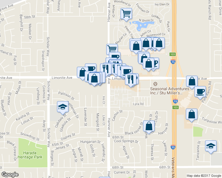 map of restaurants, bars, coffee shops, grocery stores, and more near 6275 Arrifana Lane in Eastvale