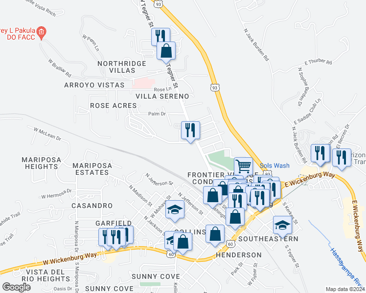 map of restaurants, bars, coffee shops, grocery stores, and more near 411 Cavaness Avenue in Wickenburg