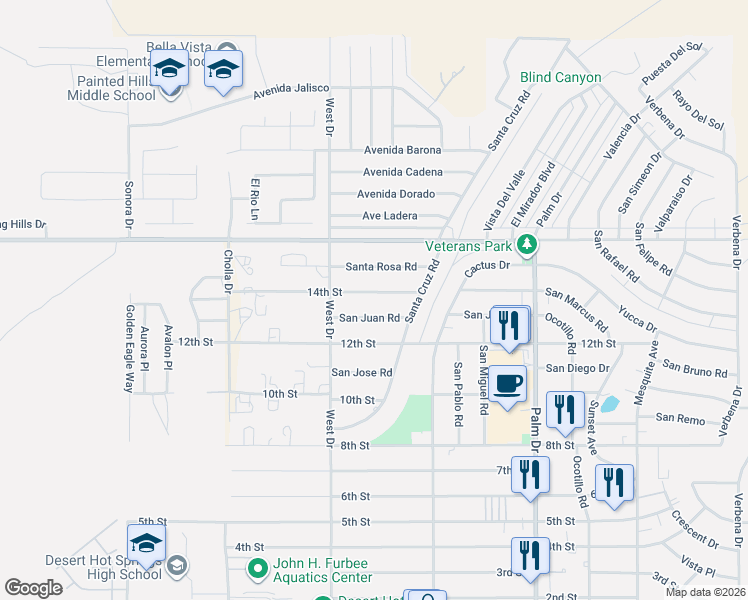 map of restaurants, bars, coffee shops, grocery stores, and more near 66110 San Juan Road in Desert Hot Springs