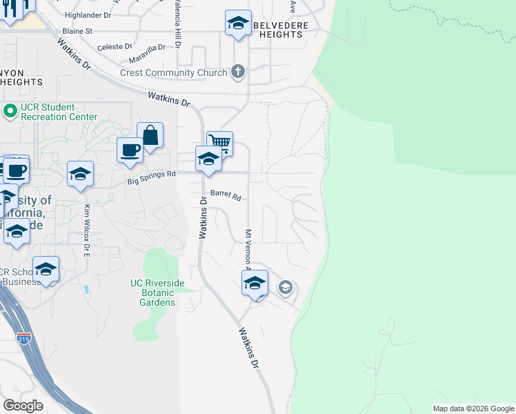 map of restaurants, bars, coffee shops, grocery stores, and more near 4008 Mount Vernon Avenue in Riverside