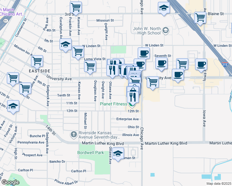 map of restaurants, bars, coffee shops, grocery stores, and more near 1886 Tenth Street in Riverside