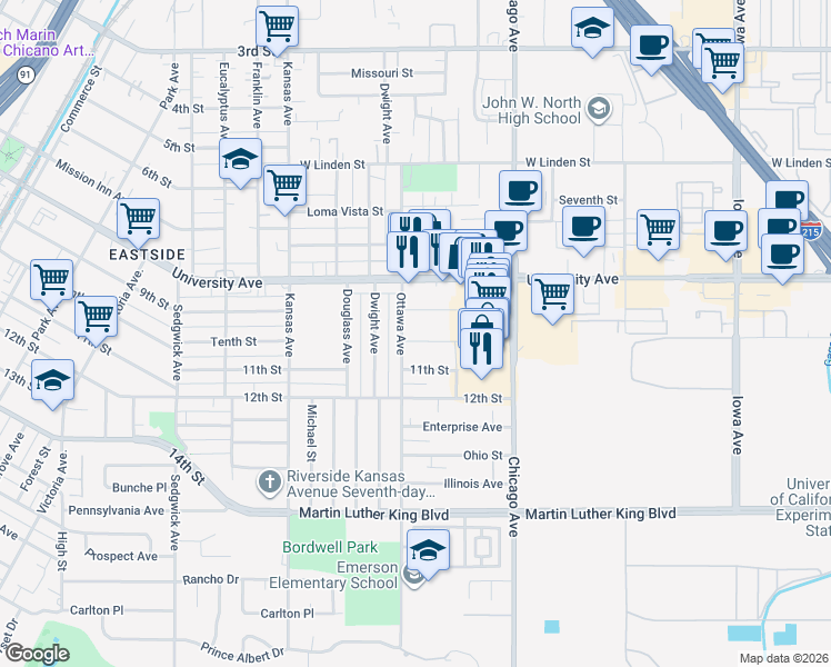 map of restaurants, bars, coffee shops, grocery stores, and more near 1886 Tenth Street in Riverside
