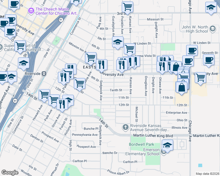 map of restaurants, bars, coffee shops, grocery stores, and more near 2314 Tenth Street in Riverside