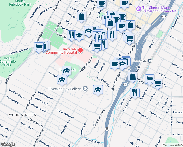 map of restaurants, bars, coffee shops, grocery stores, and more near 3633 Prospect Avenue in Riverside