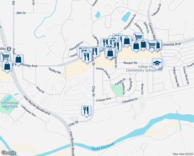 map of restaurants, bars, coffee shops, grocery stores, and more near 6280 Clay Street in Riverside
