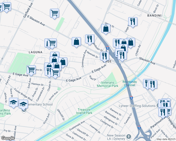 map of restaurants, bars, coffee shops, grocery stores, and more near 7086 East Gage Avenue in Commerce