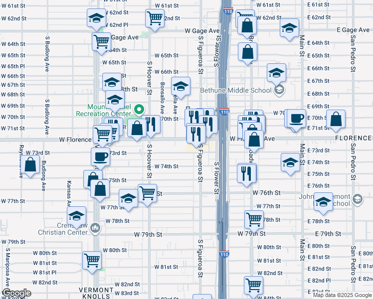 map of restaurants, bars, coffee shops, grocery stores, and more near 608 West 73rd Street in Los Angeles