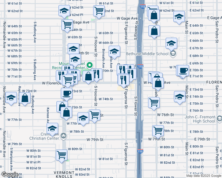 map of restaurants, bars, coffee shops, grocery stores, and more near 652 West 73rd Street in Los Angeles
