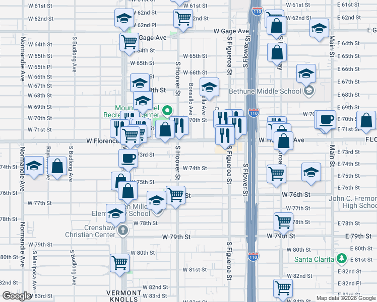 map of restaurants, bars, coffee shops, grocery stores, and more near 652 West 73rd Street in Los Angeles