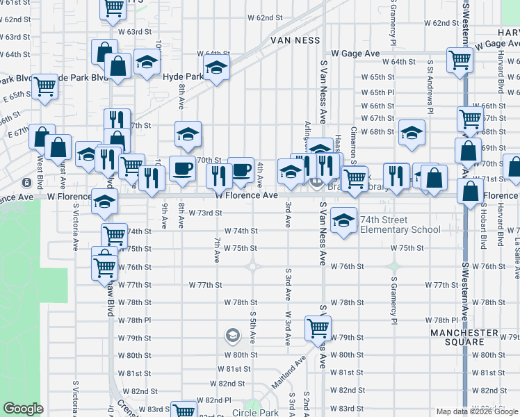 map of restaurants, bars, coffee shops, grocery stores, and more near 2510 West 73rd Street in Los Angeles