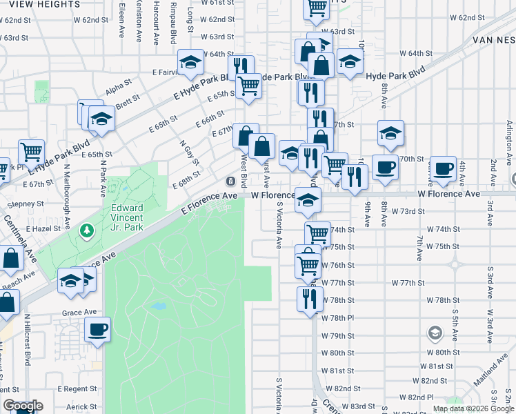 map of restaurants, bars, coffee shops, grocery stores, and more near 7233 Brynhurst Avenue in Los Angeles