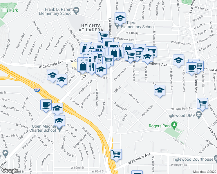 map of restaurants, bars, coffee shops, grocery stores, and more near 7001 Ramsgate Avenue in Los Angeles