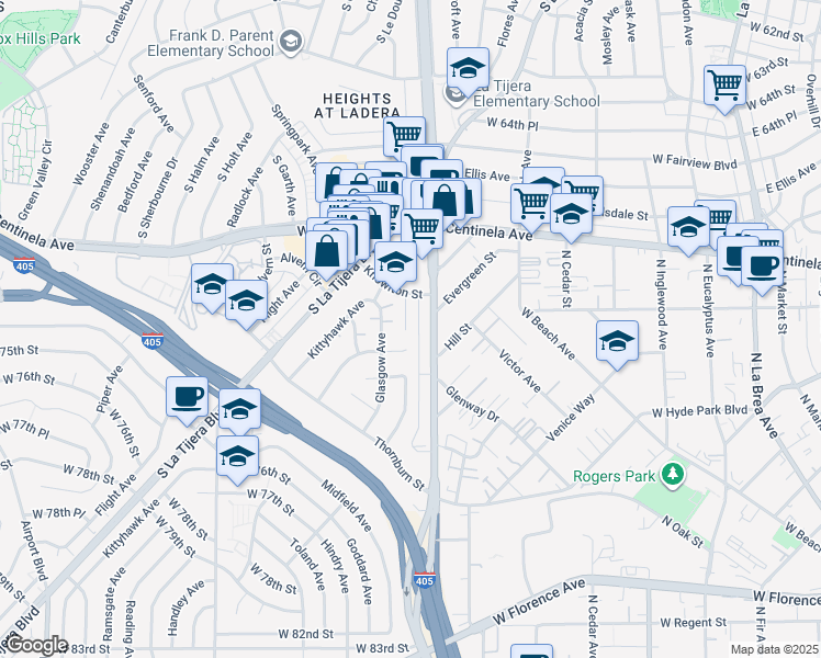 map of restaurants, bars, coffee shops, grocery stores, and more near 7001 Ramsgate Avenue in Los Angeles