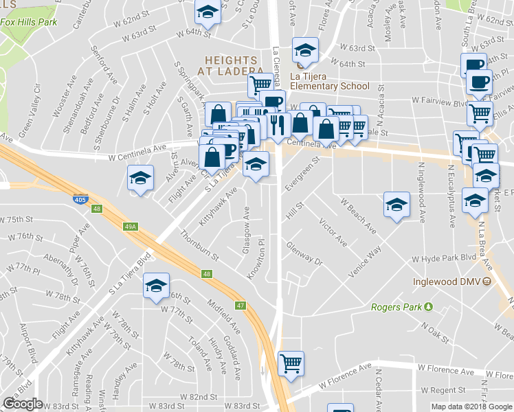 map of restaurants, bars, coffee shops, grocery stores, and more near 7001 Ramsgate Avenue in Los Angeles
