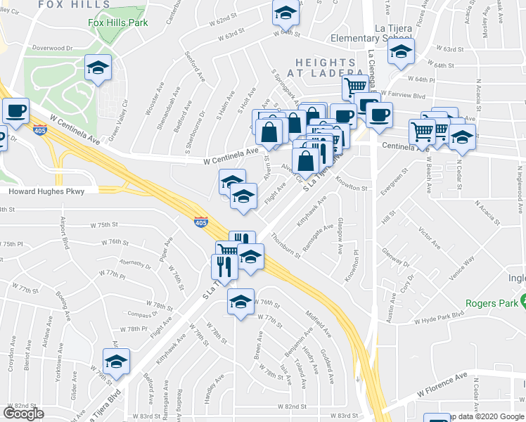 map of restaurants, bars, coffee shops, grocery stores, and more near 5537 Thornburn Street in Los Angeles